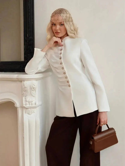 Women 2026 Spring Autumn Mandarin Collar Blazer Ruched Front Multi Row Buttons Long Sleeve Fit Formal Office Outerwear Coat