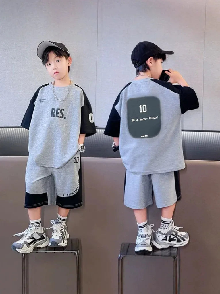 Summer Boys Cotton Leisure Contrast Alphabet T-Shirt+Shorts Pant Set School Kid 2PCS Tracksuit Children Sportswear Outfit 5-16Yr