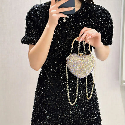 Designer Luxury Diamond Heart-shaped Bag Red Rhinestone Evening Clutch Purse Female Wedding Handbag Woman Chain Shoulder Bags