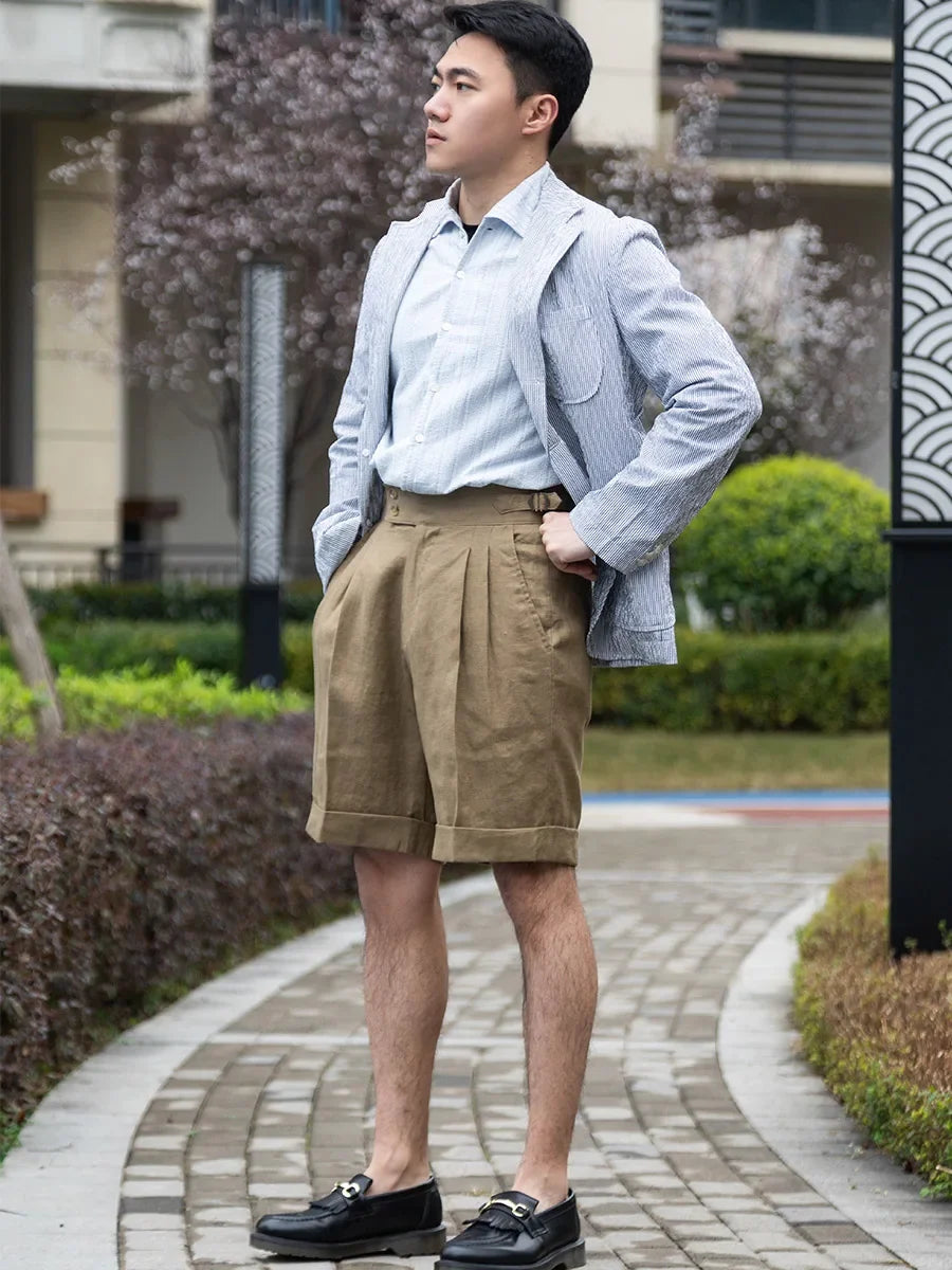 Pure linen fabric Lazy summer Naples high-waisted loose shorts men's casual pants can be customized