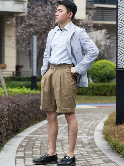 Pure linen fabric Lazy summer Naples high-waisted loose shorts men's casual pants can be customized