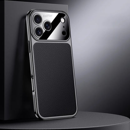 Original Leather Case For iPhone 17 PRO MAX Plating Genuine cowhide Lichee Pattern Lens Protection Shockproof Hard Phone Cover