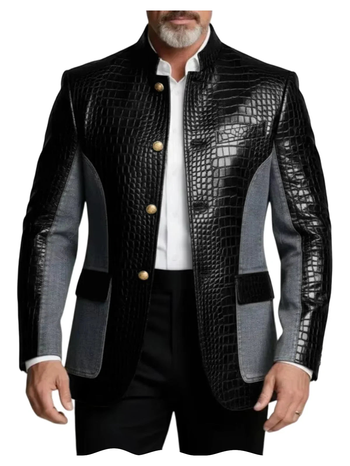 Men's Crocodile Embossed Leather Brown Jacket Patchwork Denim Stand Collar Slim Fit Luxury PU Blazer For Business Casual Party