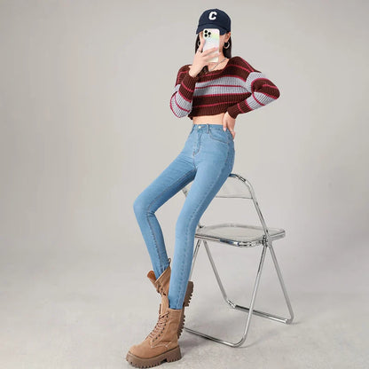 2024 Sexy Women Blue Slim Skinny Denim Jeans High Waist Elastic Mom Jeans Stretch Washed Pencil Pants Streetwear Tight Trousers