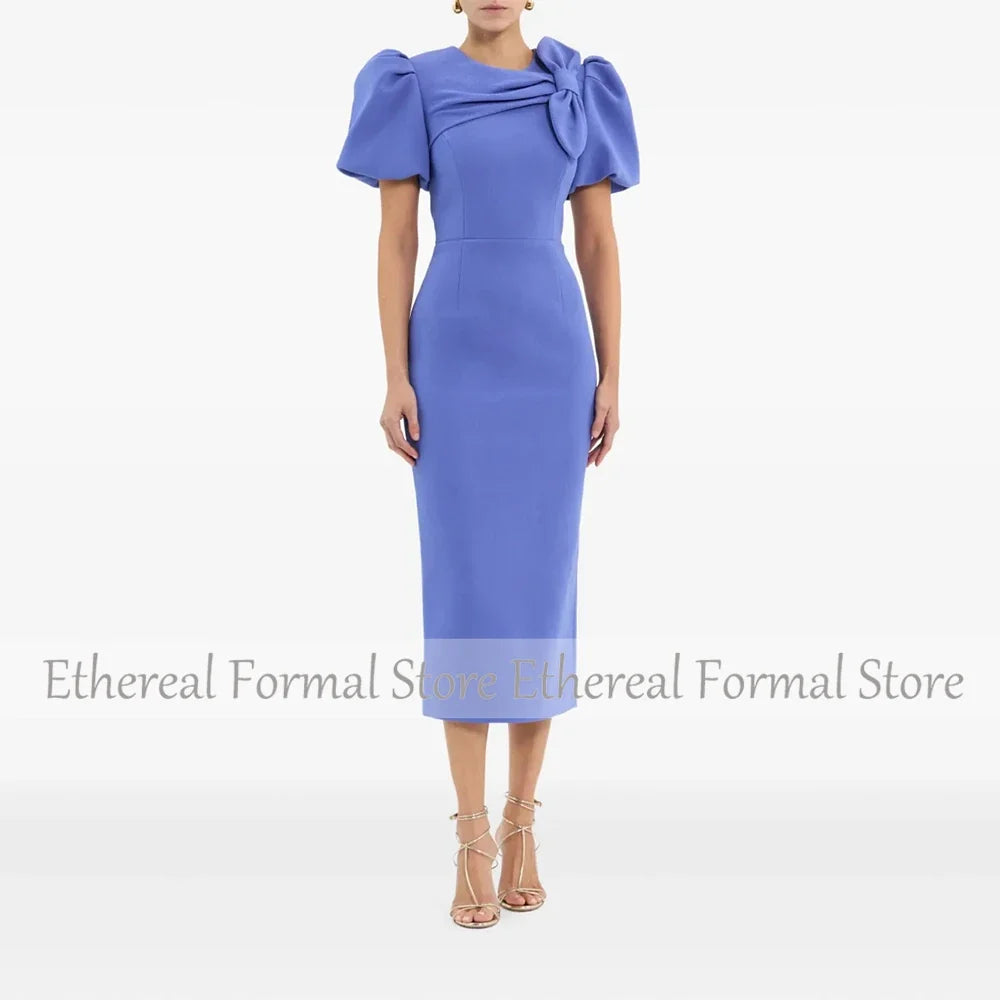 Fashion Evening Gown For Wedding Mermaid Tea Length Formal Party Dress Short Puff Sleeves Saudi Dress With Bow Prom Dress