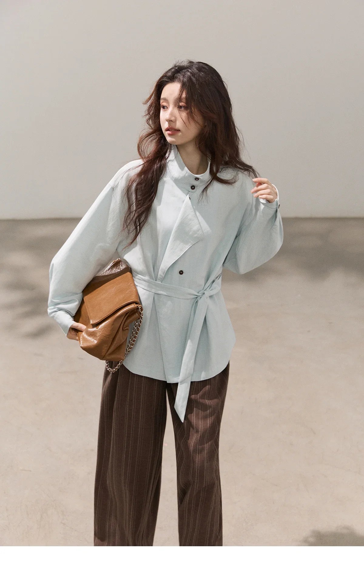 Women's Stand Collar Long Sleeve Shirts Spring Belted Waist Asymmetric Button Tops Casual Loose Solid Shirt MXF13C2459