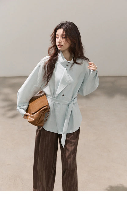 Women's Stand Collar Long Sleeve Shirts Spring Belted Waist Asymmetric Button Tops Casual Loose Solid Shirt MXF13C2459