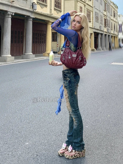 Low Waist Skinny Jeans for Women Vintage Distressed Destroyed Holes Stretchy Denim Boot Cut Pants Y2k Gyaru Streetwear