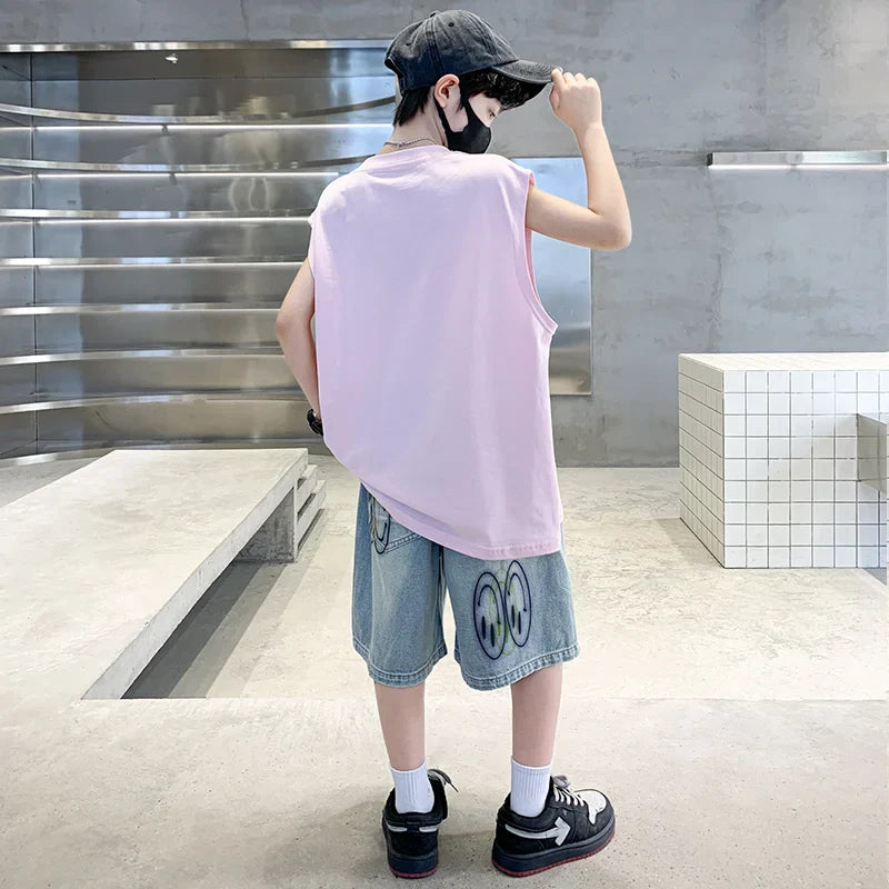 2025 New Summer Outfit Sets for Boys Sleeveless Tshirt And Denim Shorts 2 Pieces Tracksuit Kids Child Stylish Sports Suits 5-14Y