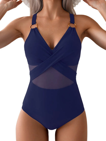 2026 Plain Ruched Mesh Swimsuit Women One Piece Ring Link Swimwear Female Sexy Bathing Swimming Suit Bodysuit Summer Beachwear