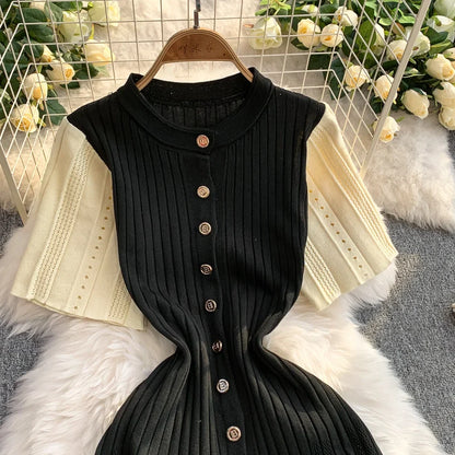 Women Dress 2026 Spring and Summer Elegant Patchwork One-Piece Knitted Maxi Dress Office Lady Slim Waist Sweater Dress