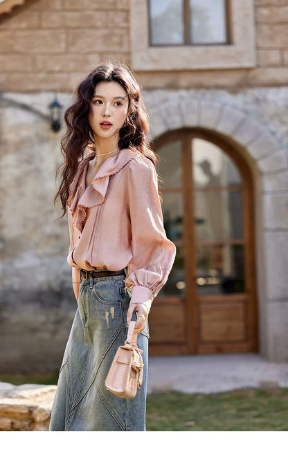 Lotus Leaf Collar Shirt Bubble Sleeves Pink Shirt for Women Spring 2025 Sweet Chiffon Top Temperament Shirts MXE12X1702