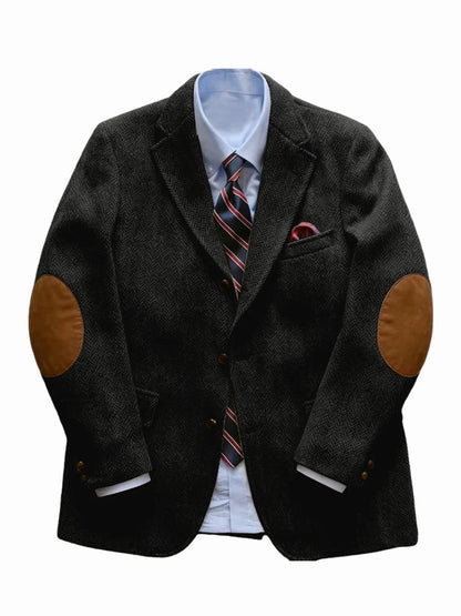 Men's Vintage Herringbone Tweed Blazer With Elbow Patch 2 Button Single Breasted Cotton Casual Slim Fit Business Jacket XS-7XL