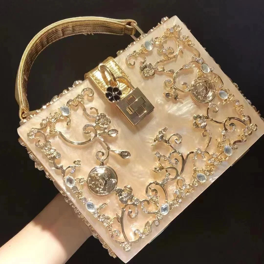 Luxury Designer Shimmer Acrylic Box Glitter Rhinestones Diamond Evening Bag Wedding Party Clutch Purse Shoulder Messenger Bag