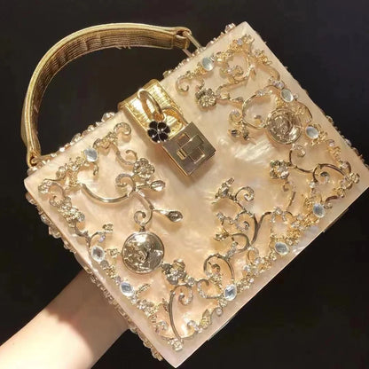 Luxury Designer Shimmer Acrylic Box Glitter Rhinestones Diamond Evening Bag Wedding Party Clutch Purse Shoulder Messenger Bag
