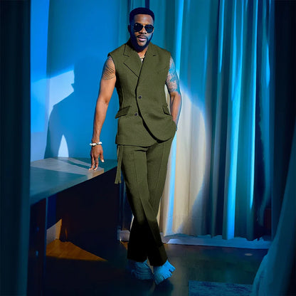 2025 Summer Hot 2 Pieces Jacket Pants Single Breasted Notch Collar High Quality Business Male Clothing Sleeveless Fashion