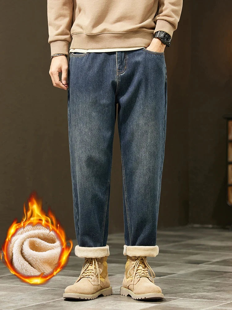 Retro Loose Winter Fleece Jeans Men's Warm Thicken Fashion Casual Denim Pants Comfortable Plush Velvet Thermal Male Trousers