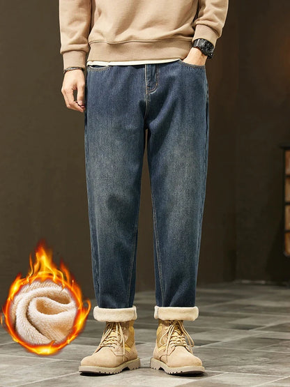Retro Loose Winter Fleece Jeans Men's Warm Thicken Fashion Casual Denim Pants Comfortable Plush Velvet Thermal Male Trousers