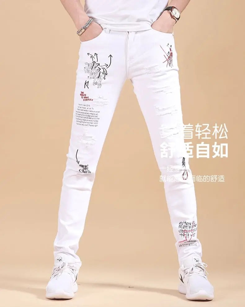 Harajuku Korean Luxury Clothing Men's White Slim Jeans with Printed Ripped Holes Autumn Hip Hop Distressed Cotton Trousers Male