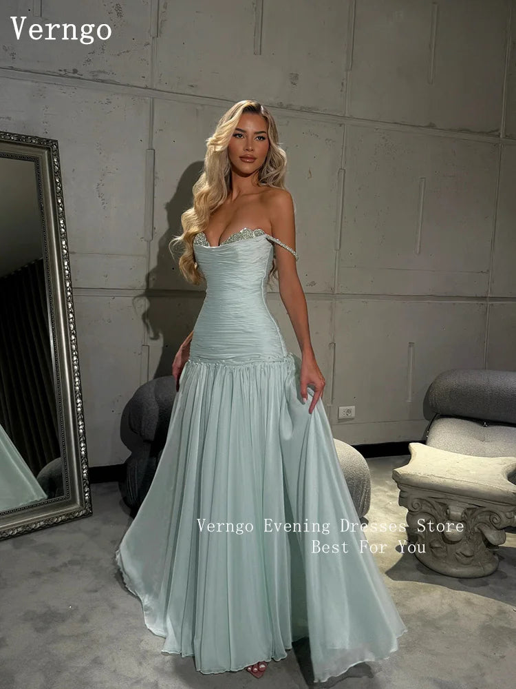 Blue Chiffon Evening Dress Off The Shoulder Mermaid Party Dresses Appliques Prom Dresses 2026Customized شارون سعيد