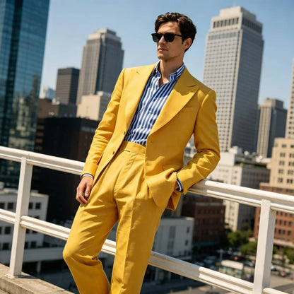 2 Pieces Summer Sage Green Linen Men Suits Relaxed Fit Peak Lapel Blazer With Pleated High Waist Pants For Casual Events