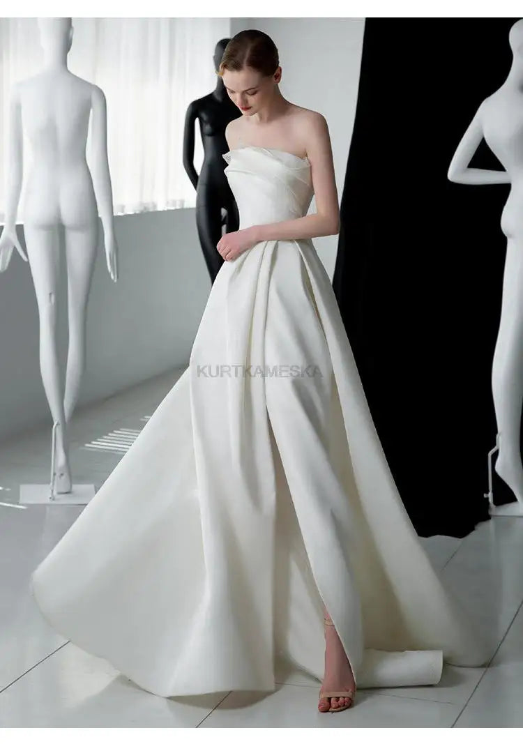 French Luxury White Satin Trailing Wedding Dresses for Bride 2026 Women Elegant Sexy Strapless Long Prom Party Dress Vestidos