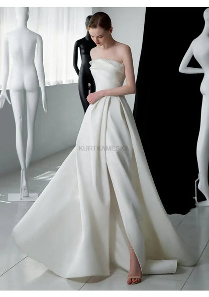 French Luxury White Satin Trailing Wedding Dresses for Bride 2026 Women Elegant Sexy Strapless Long Prom Party Dress Vestidos