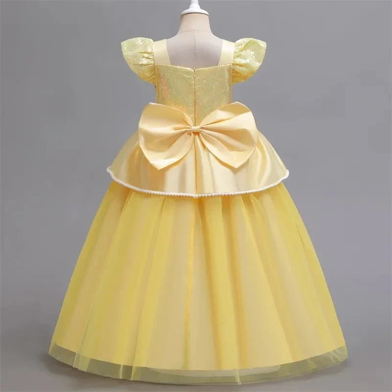 Beauty and the Beast Inspired Party Mesh Dress for Girl Elegant Fancy Princess Costume Belle Deluxe Ball Gown Kid Christmas Robe
