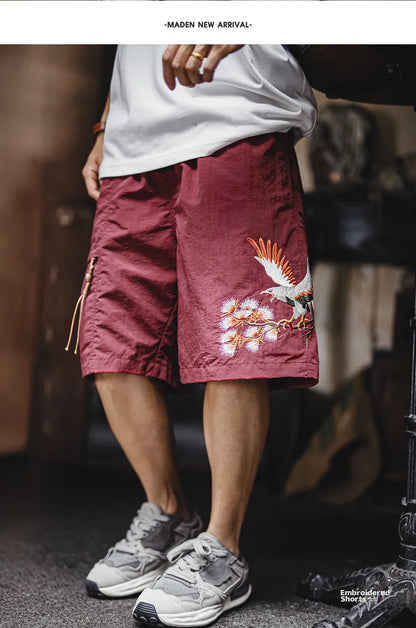 Men's Yokosuka Eagle Embroidered Shorts Loose Elastic Waist Red Quick Dry Summer Casual Beach Board Man Shorts Genuine