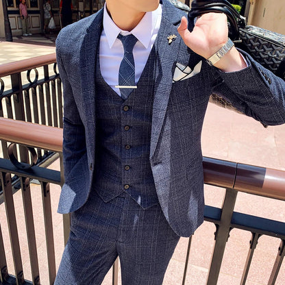 Coffee Brown Men Striped Plaid 3-Piece, Dark Blue Wedding Party Slim Fit Blazers Jacket and Vest with Pants, Asian Size M-5XL