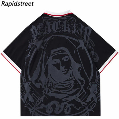 Hip Hop Streetwear Polo T-Shirt Virgin Mary Graphic T Shirt Men Polo Shirt Short Sleeve Harajuku Cotton Tops Tees Red Grey