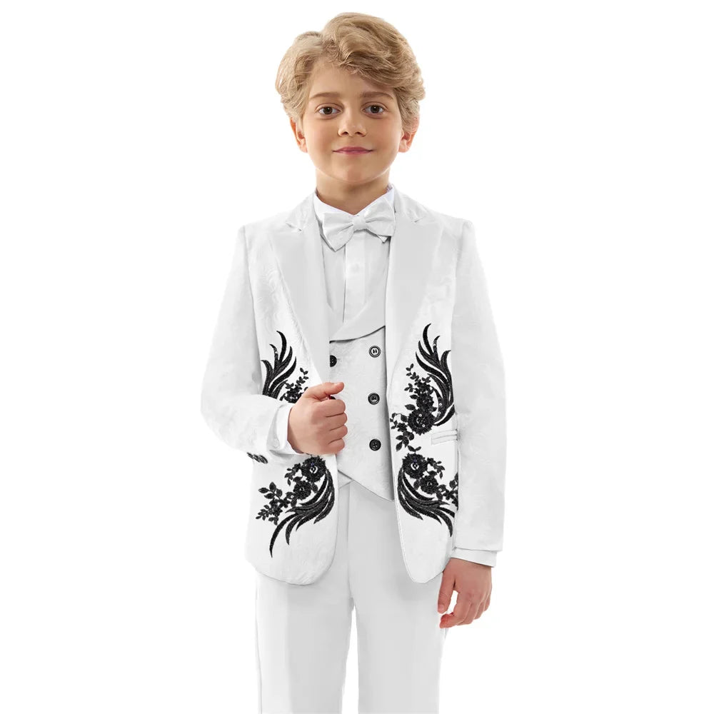 Luxurious Beaded Appliques Suit Set 4 Pieces For Boys Jacquard Kids Suits Performance Costumes Handsome Party Tuxedo