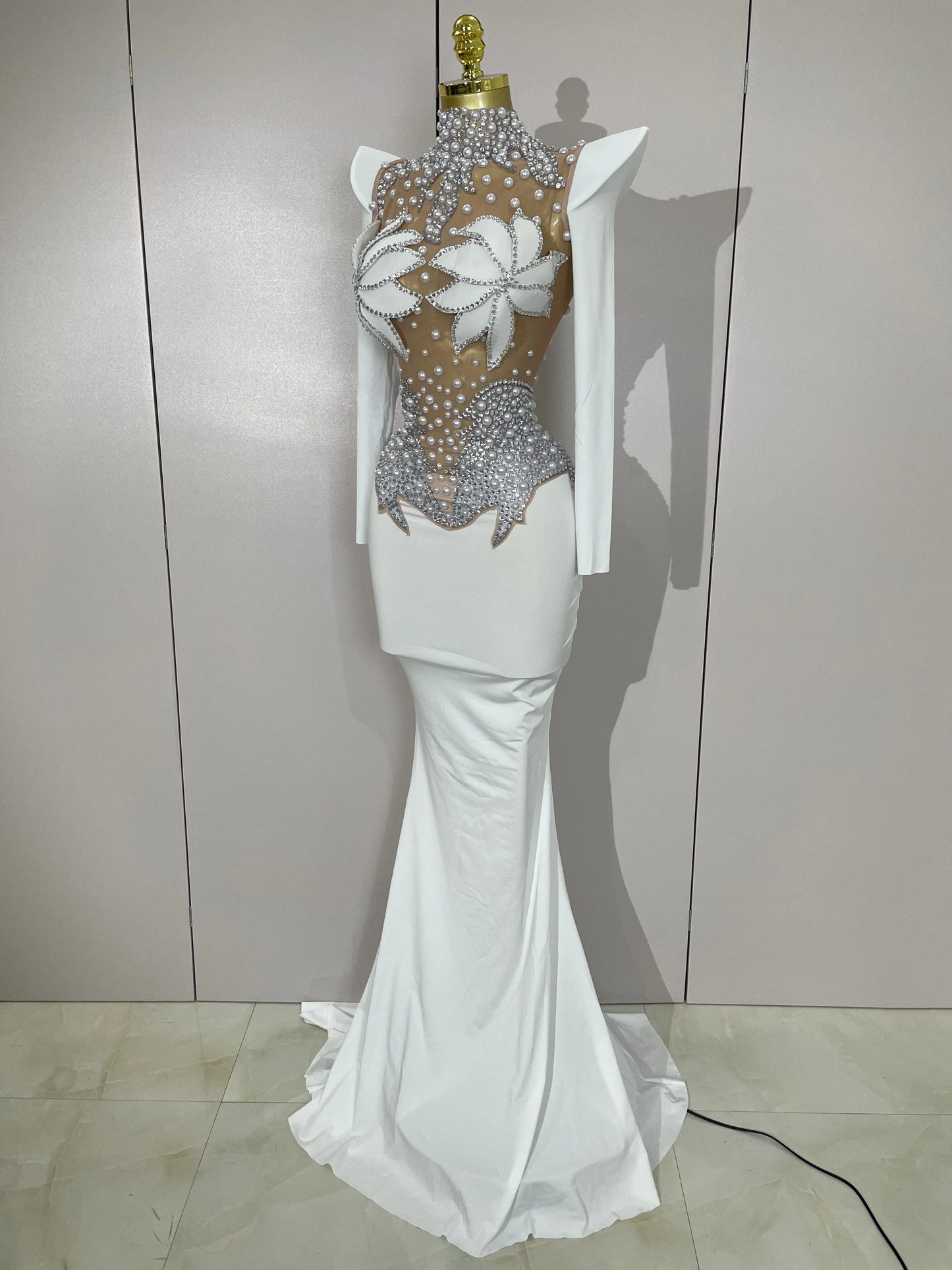 Luxury Sparkly Diamonds Pearl White See Through Mesh Long Dress Women Wedding Evening Party Stage Performance Photoshoot Dress