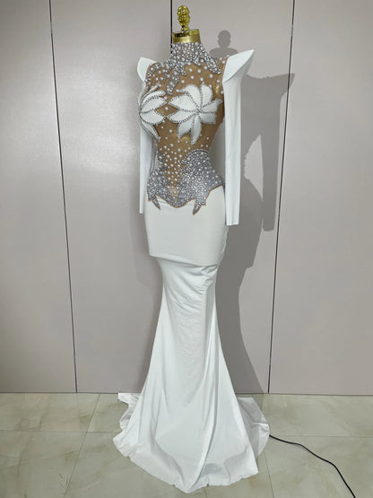 Luxury Sparkly Diamonds Pearl White See Through Mesh Long Dress Women Wedding Evening Party Stage Performance Photoshoot Dress