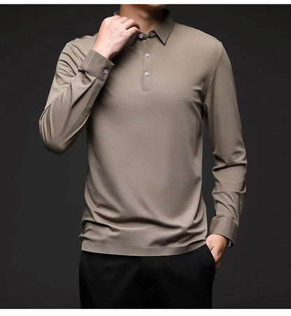 Mulberry Silk Men's Polo Shirts Luxury Long Sleeve Solid Color Golf Male T-shirts Spring Autumn Business Casual Man Tees
