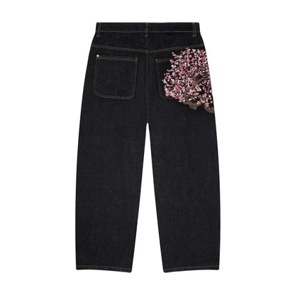Y2K Harajuku Jeans Vintage Cherry Blossom Selvedge Denim Pants Hip Hop Gothic men women denim fabric wide leg pants streetwear