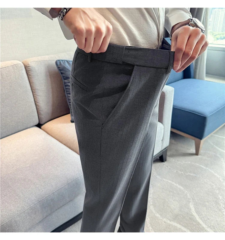 Spring Autumn New Elastic Waist Casual Trousers Male High Waist Dark Striped Slim Fit Pants Men Business Formal Casual Suit Pant