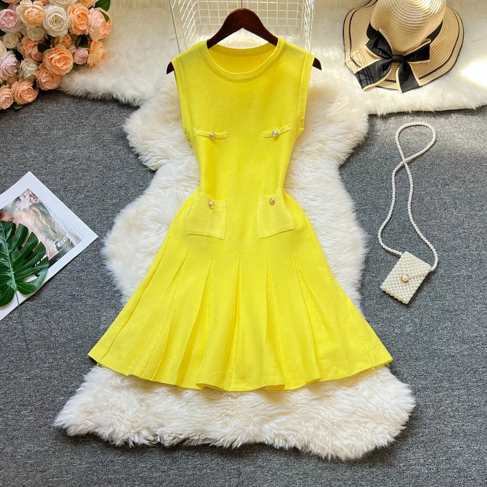 Chic Fashion 2026 Summer Pleated Short Dress Women O-neck Slim Waist A-line Party Dress Streetwear Lady Outfits Vestido