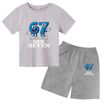67 Funny Cartoon Number Print Kids Summer Casual 2PCS Breathable Tees+Short Pants Suits 2-13 Years Boys Girls Fashion Clothes