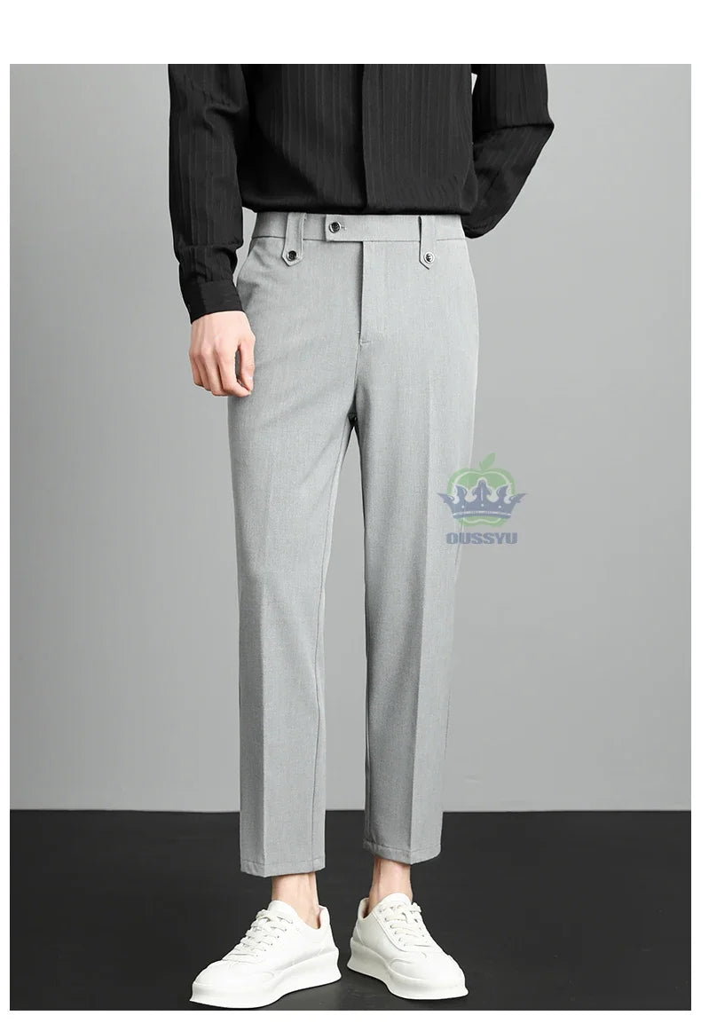 Brand High Quality Business Suit Ankle Length Pants Men Grey Khaki Waist Design Work Office Formal Long Trousers Male