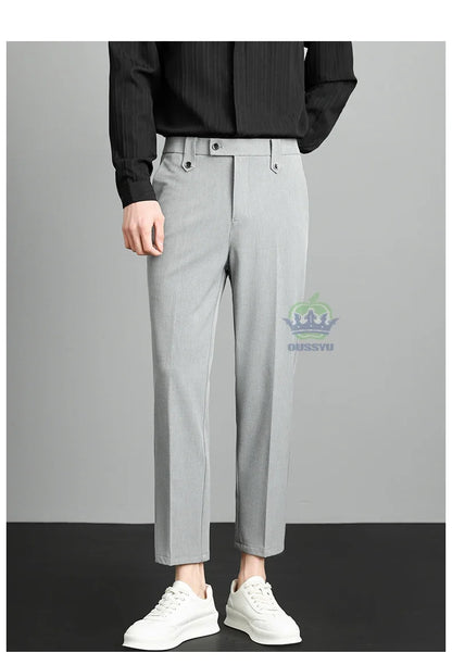 Brand High Quality Business Suit Ankle Length Pants Men Grey Khaki Waist Design Work Office Formal Long Trousers Male