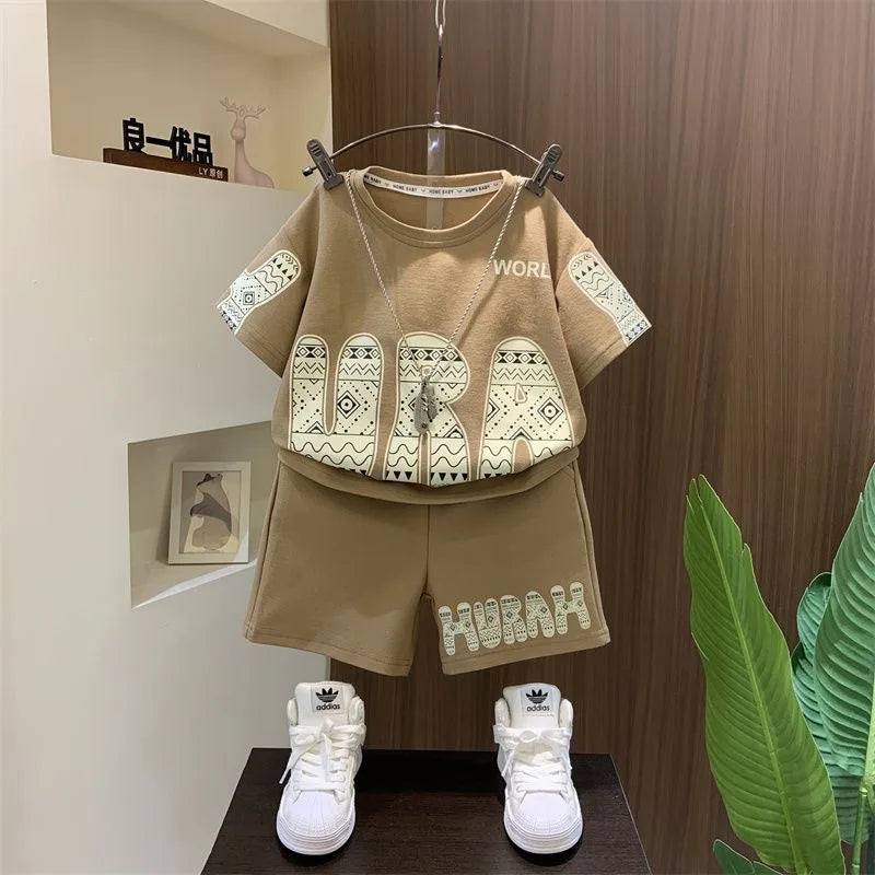 Summer Boys Cotton Leisure Print Alphabet T-Shirt+Shorts Pant Set School Kids 2PCS Tracksuit Children Sportswear Outfit 5-16 Yrs