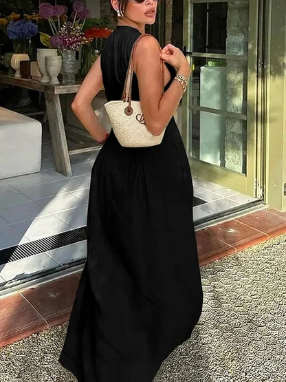 Office Lady Commute Pleated A-line Dress 2026 New Summer Fashion Solid Color Sleeveless Zipper Evening Maxi Dresses