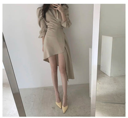 Early Autumn Shirt Dress Women's Mid-Length Asymmetrical Single-Button Notch Collar Slimming Style Commute Fashion