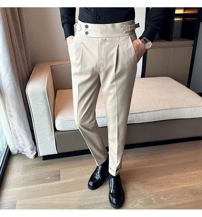 Autumn Winter High Waist Business Dress Pants Men Casual Belt Design Slim Suit Pants Formal Wedding Social Party Male Trousers