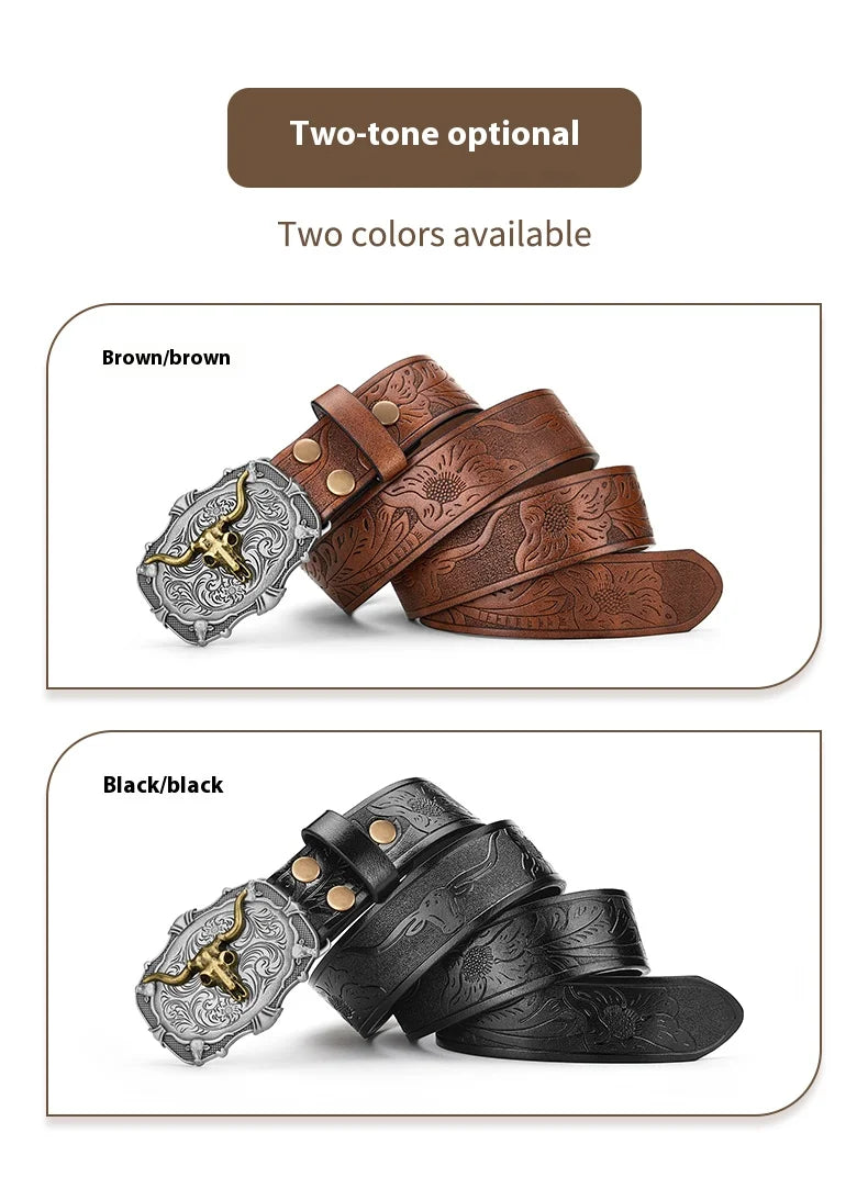 Western Cowboy PU Leather Belt - Men Waist Strap Bull Decoration Floral Engraved for Jeans