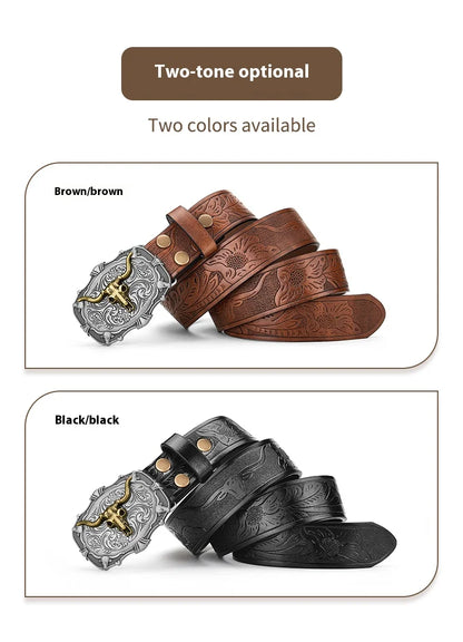 Western Cowboy PU Leather Belt - Men Waist Strap Bull Decoration Floral Engraved for Jeans