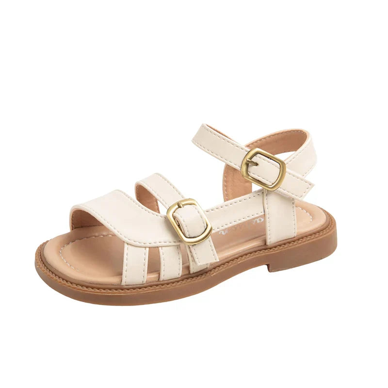 Girls Roman Sandals Open Toe Little Kids Leather Sandals with Buckle Open Toe Children Summer Beach Shoes Non-Slip Soft Sole