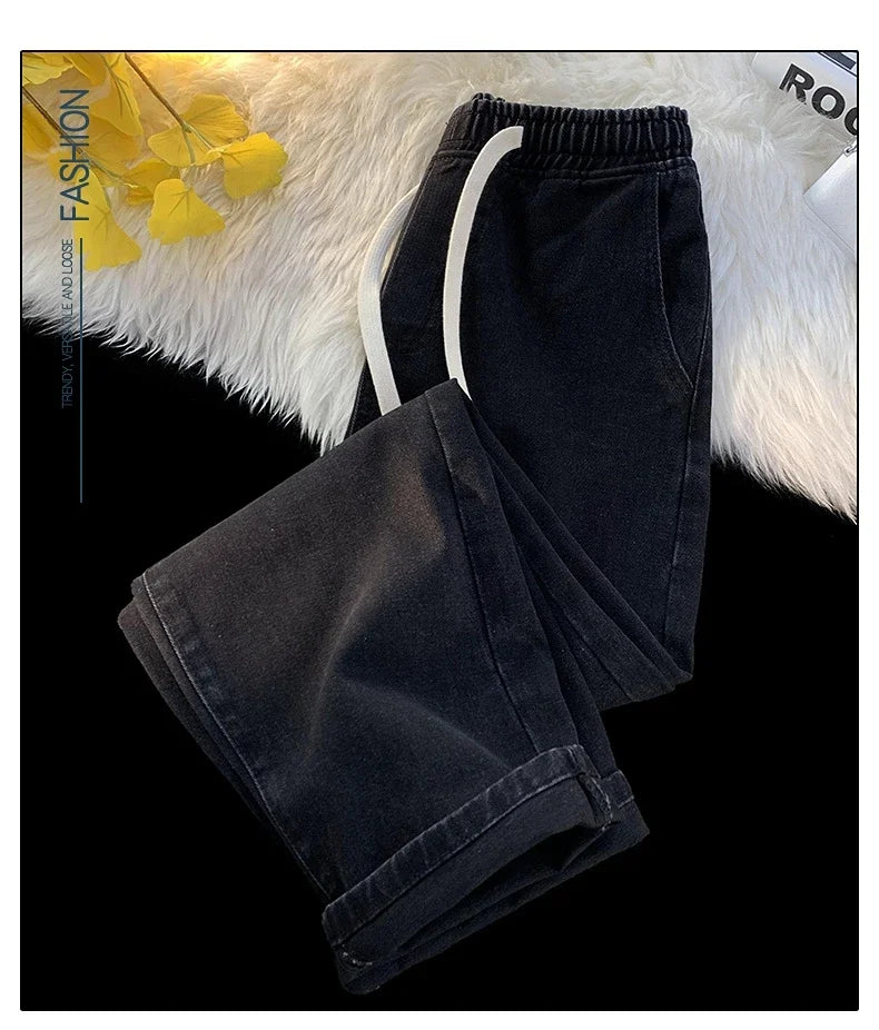 Casual Jeans Men's Baggy Straight Elastic Waist Drawstring Korea Fashion Male Vintage Denim Trousers Streetwear 3XL