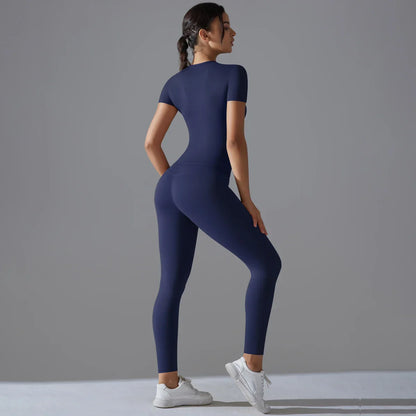 Yoga Set Women Workout Set Sportswear Gym Clothing Fitness Shorts Sleeve Crop Top High Waist Leggings Sports Suits